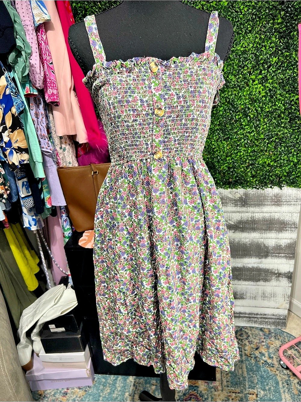 Floral Smocked Midi Dress in Pink & Green Like New